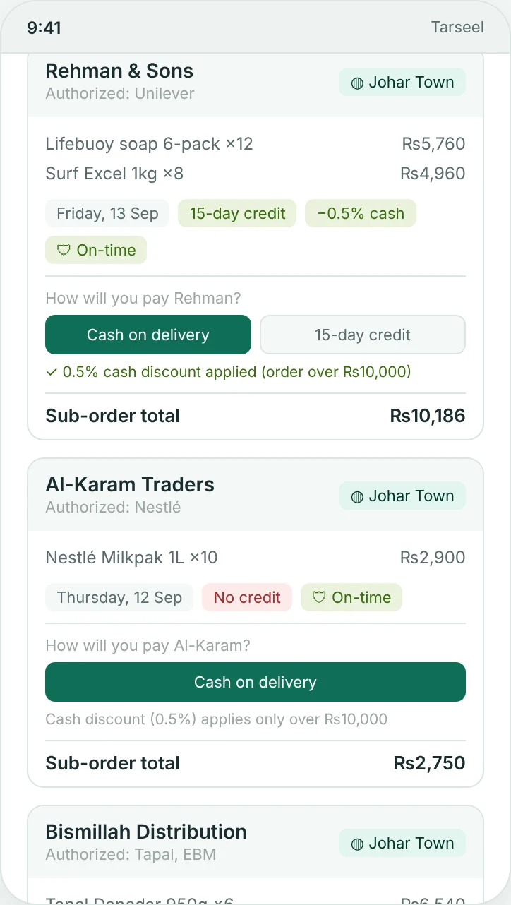 Basket split into per-distributor orders with delivery dates